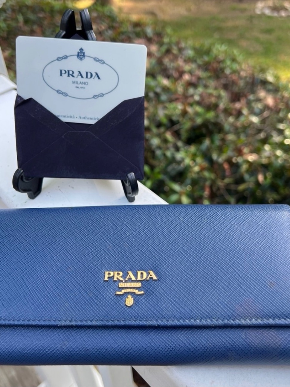 Prada Navy Saffiano Leather Continental Wallet With Gold Logo And Coa